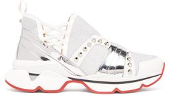 123 Run Studded Leather-trimmed Trainers - Womens - White Silver