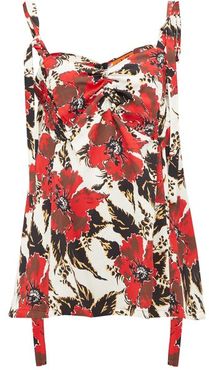 Shirred Floral-print Crepe Camisole - Womens - Red