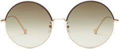 Leather-trimmed Round Metal Sunglasses - Womens - Gold