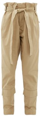 Paperbag-waist Belted Cotton-twill Trousers - Womens - Beige