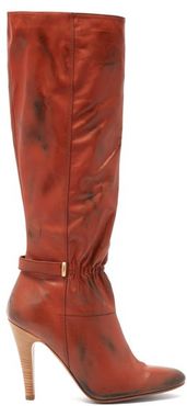 Ruched-front Distressed-leather Boots - Womens - Dark Red