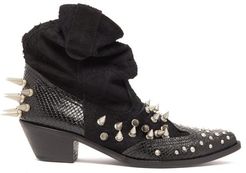 Spiked Suede And Snake-effect Leather Boots - Womens - Black