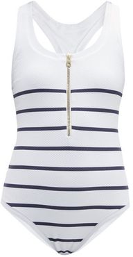 Zipped Striped-basketweave Swimsuit - Womens - Blue Multi