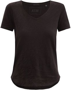 V-neck Slubbed-cotton T-shirt - Womens - Black