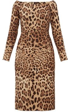 Leopard-print Off-the-shoulder Wool-crepe Dress - Womens - Leopard