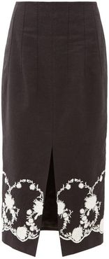 Floral-embroidered Twill Midi Skirt - Womens - Black