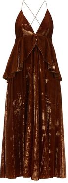 Peplum-waist Tinsel-velvet Midi Dress - Womens - Brown