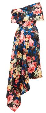 Off-the-shoulder Asymmetrical Floral Satin Dress - Womens - Blue Multi