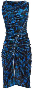 Asymmetric Camouflage-print Velvet Dress - Womens - Blue Multi