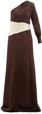 Helga One-shoulder Hammered-silk Gown - Womens - Brown White