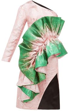 Recycled Asymmetric Glitter-paint Brocade Dress - Womens - Green Multi