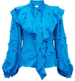 Ruffled Fil-coupé Satin-jacquard Blouse - Womens - Blue