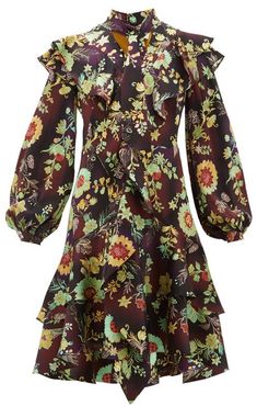 Ruffled Floral Silk-cloqué Dress - Womens - Brown Multi