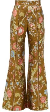 High-rise Floral-brocade Flared Trousers - Womens - Green Multi