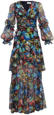 Iridescent Floral-print Silk-blend Dress - Womens - Navy Multi