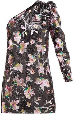 One-shoulder Floral-sequinned Velvet Mini Dress - Womens - Black Multi
