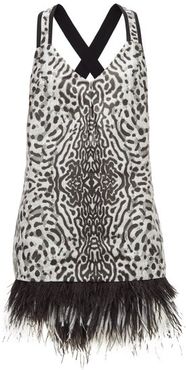Feather-hem Leopard-jacquard Mini Dress - Womens - Black White