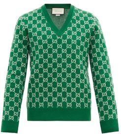 V-neck Gg-jacquard Wool-blend Sweater - Mens - Green