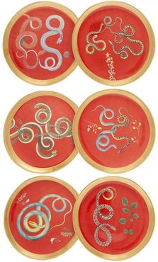 Set Of Six Snake Ceramic Dessert Plates - Red Multi