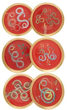 Set Of Six Snake Ceramic Dinner Plates - Red Multi