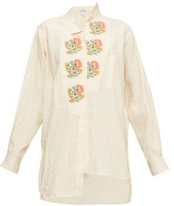 Asymmetric Floral Cross-stitch Linen Shirt - Womens - Cream Multi