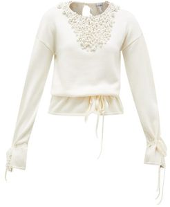 Drawstring Faux Pearl-embellished Sweater - Womens - Cream