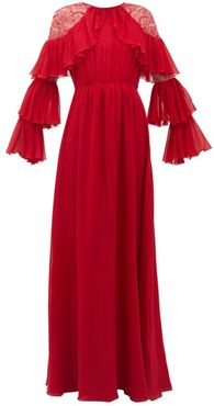 Ruffled Lace-trimmed Silk-georgette Gown - Womens - Red