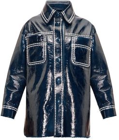 Contrast-stitching Patent-leather Coat - Womens - Blue Multi