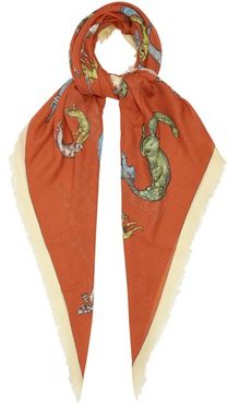 Frayed-edge Animal-print Twill Scarf - Womens - Orange