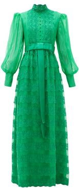 Lace-trimmed Tiered Georgette Gown - Womens - Green