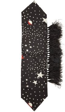 Star-print And Feather Silk Scarf - Womens - Black White
