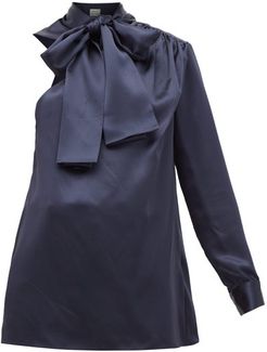 One-sleeve Pussy-bow Silk-charmeuse Blouse - Womens - Navy