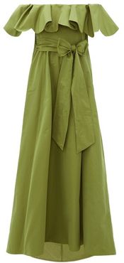 Ruffled Off-the-shoulder Cotton-blend Gown - Womens - Green