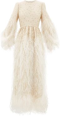 Feather-trimmed Beaded Wool-blend Gown - Womens - Ivory Multi