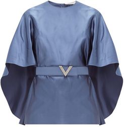 Belted Cape-sleeve Silk-satin Top - Womens - Blue