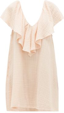 Brigitte Ruffled-neck Cotton-gauze Dress - Womens - Light Pink