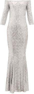 Mermaid-hem Off-the-shoulder Sequinned Dress - Womens - Silver