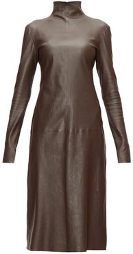 High-neck Leather Midi Dress - Womens - Dark Brown