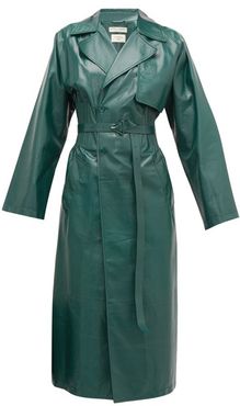Ribbed-waist Double-breasted Leather Trench Coat - Womens - Green