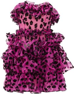 Leopard-flocked Ruffled Silk-organza Mini Dress - Womens - Black Pink