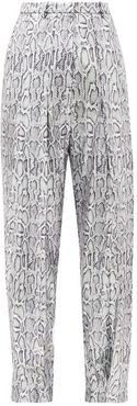 Python-print Sequinned Faux-leather Trousers - Womens - Silver