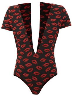 Amanda Lip-intarsia Swimsuit - Womens - Red Print