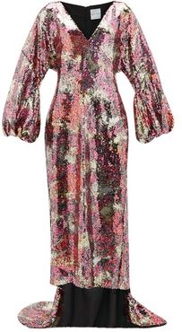 Balloon Sleeve Blossom-sequinned Gown - Womens - Pink Multi