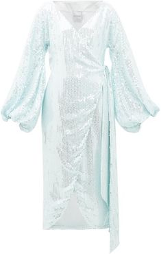 Balloon-sleeve Sequinned Wrap Dress - Womens - Light Blue