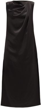 Twist Shoulder Satin Midi Dress - Womens - Black
