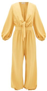 Plunge Tie-front Elasticated-cuff Jumpsuit - Womens - Yellow