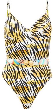 Loren Belted Tiger-print Swimsuit - Womens - White Print