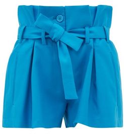 Paperbag-waist Pleated Cotton-blend Shorts - Womens - Blue