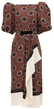 Unexpected Territory Puff-sleeve Silk Dress - Womens - Brown
