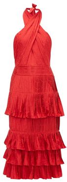 Eccentric Vibes Halterneck Jacquard Midi Dress - Womens - Red